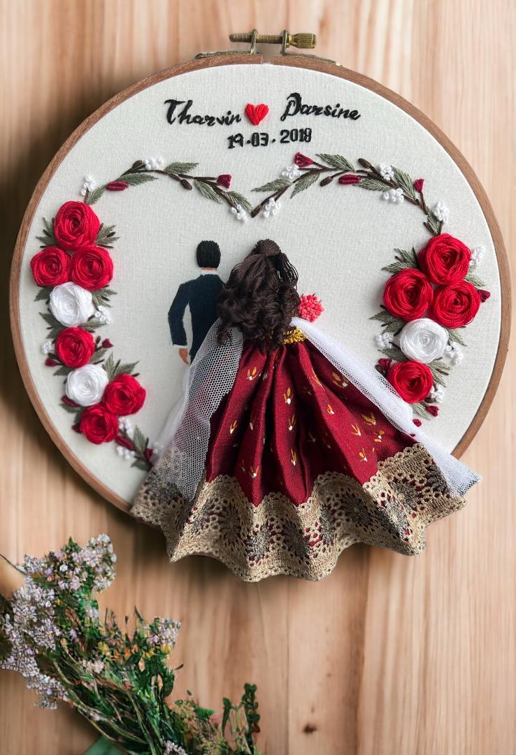 Red and White Flowers With Heart Shape Wedding Embroidery