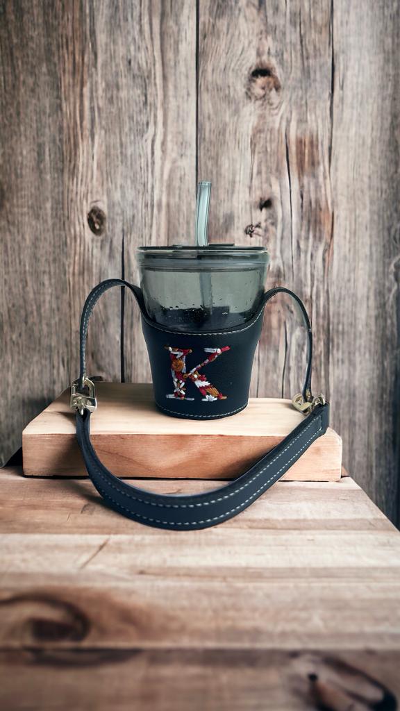 Glass Tumbler + Embroidered Leather Holder
