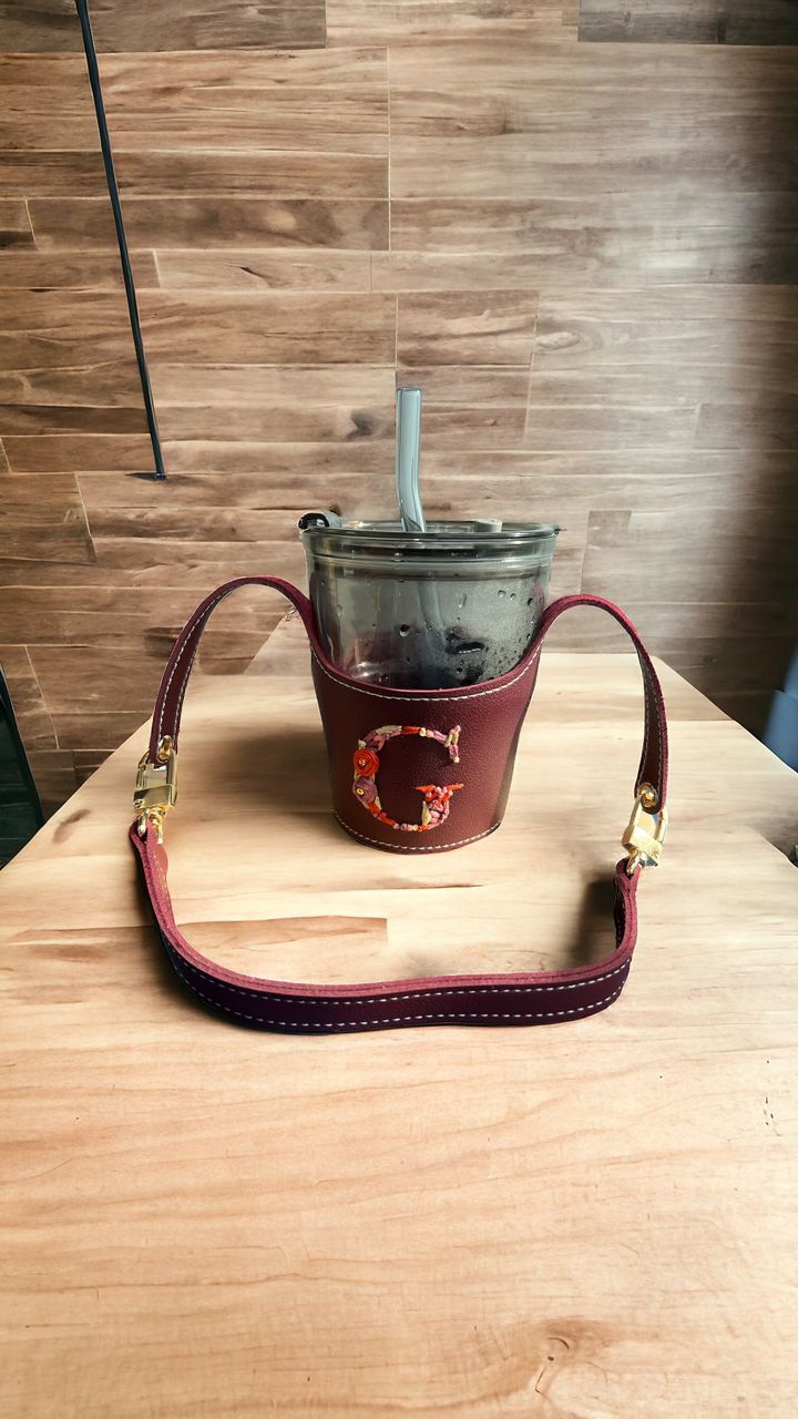 Glass Tumbler + Embroidered Leather Holder